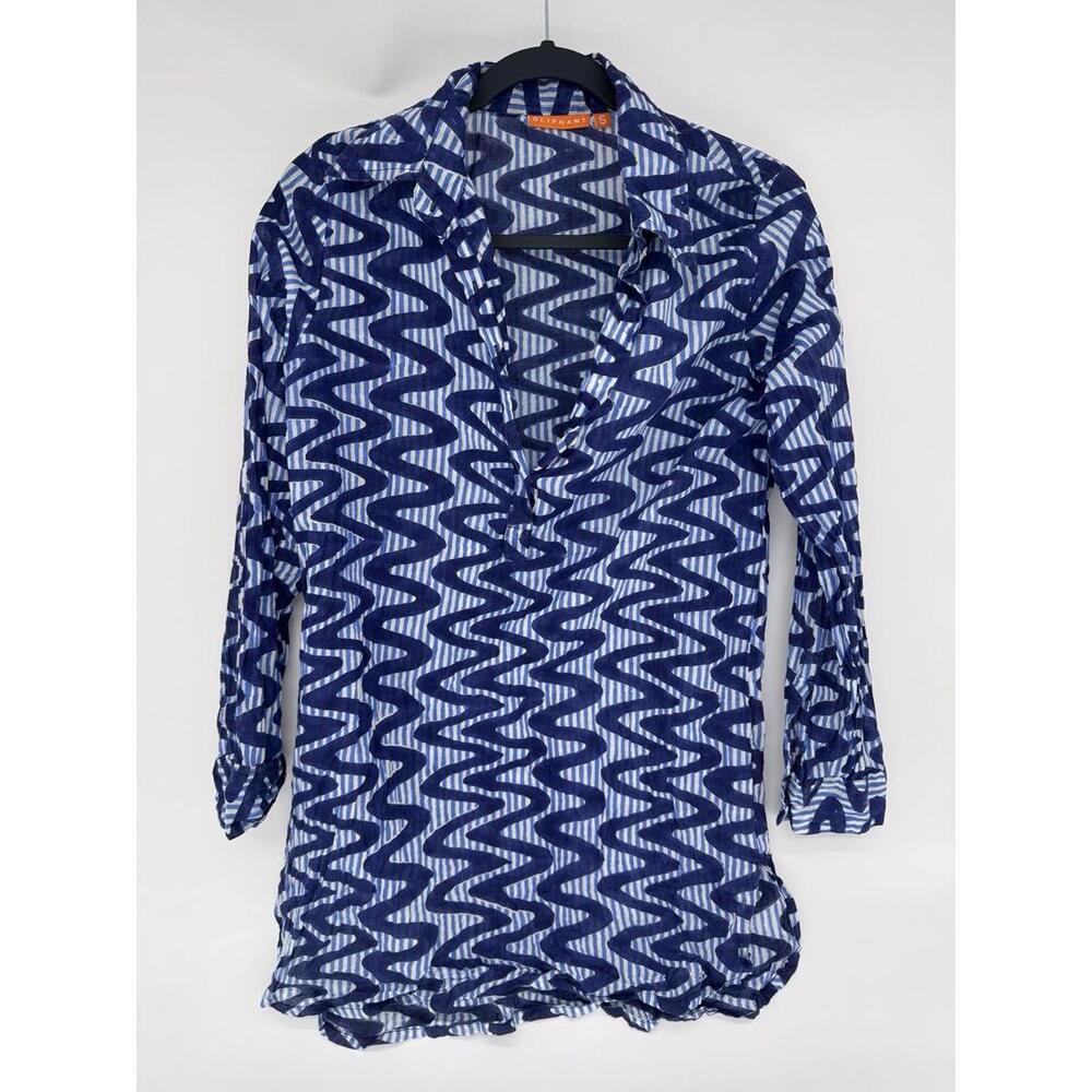 Oliphant Blue Zigzag 100% cotton lightweight long sleeve top Women's size Small